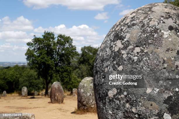 The Cromlech of the Almendres is a megalithic complex. It is one of largest existing group of structured menhirs in Europe. Portugal.