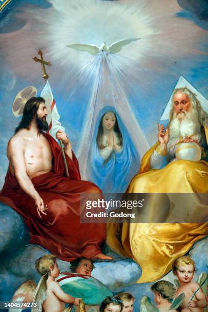 Holy Spirit, Jesus, Virgin Mary and God. Trinity. Fresco. Saint Catarina church . Varazze. Italy.