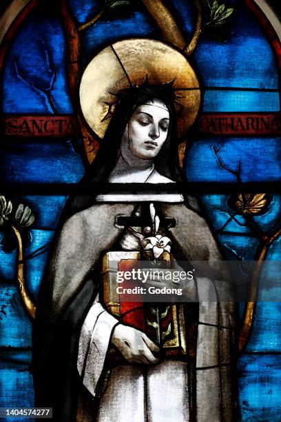 Saint Catherine of Siena. Stained glass window. Saint Catarina church . Varazze. Italy.