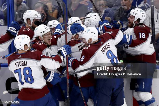 Nazem Kadri of the Colorado Avalanche celebrates with teammates after scoring a goal against Andrei Vasilevskiy of the Tampa Bay Lightning to win 3-2...