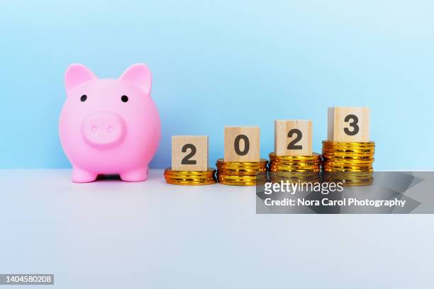 new year 2023 on wood block on top of stack of gold coins with piggy bank - carol grow stock-fotos und bilder