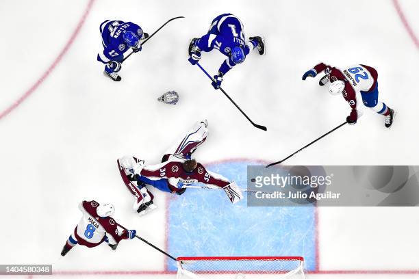 Anthony Cirelli of the Tampa Bay Lightning scores off a rebound against Darcy Kuemper of the Colorado Avalanche during the first period in Game Four...