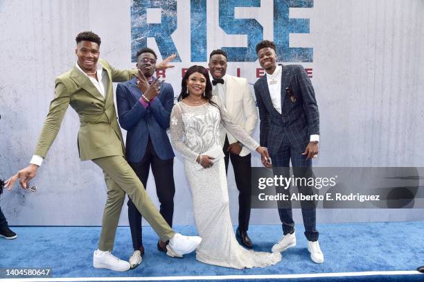 Giannis Antetokounmpo, Alex Antetokounmpo, Veronica "Vera" Antetokounmpo, Thanasis Antetokounmpo and Kostas Antetokounmpo attend the world premiere...