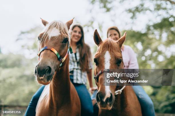 mother and daughter on horseback - horseback riding stock pictures, royalty-free photos & images