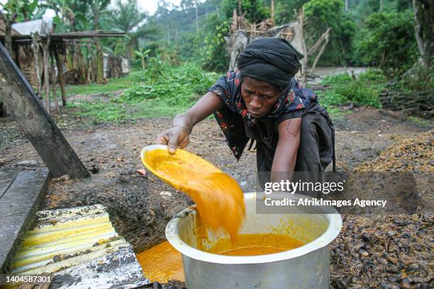 Congolese woman fills a container with homemade palm oil called 'Seketa' made by women in the village of Mpety in Walikale, North Kivu , 15 December...