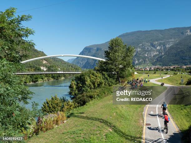 Bike path at the Nomi bridge over the Adige river, Vallagarina, Trentino, Italy, Europe.