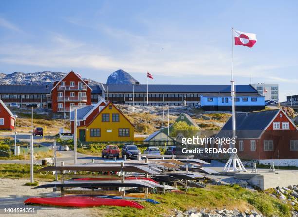 Kayaks of the local club in the old town at the colonial harbour. Nuuk the capital of Greenland during late autumn. America, North America,...