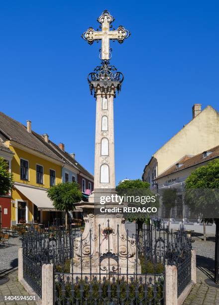 Main Square with Plague Column from 1763. The town Szentendre near Budapest. Europe, East Europe, Hungary.