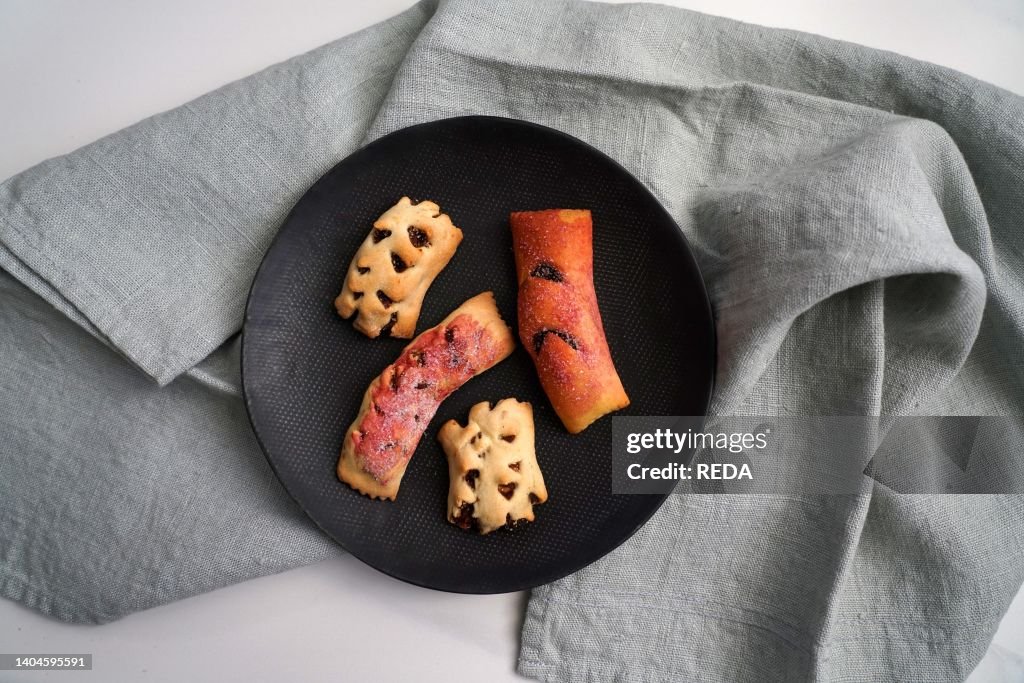 Traditional Italian dessert called Mostaccioli or Mustaccioli, shortcrust pastry and cooked must, typical of the south and central area of Italy, Europe