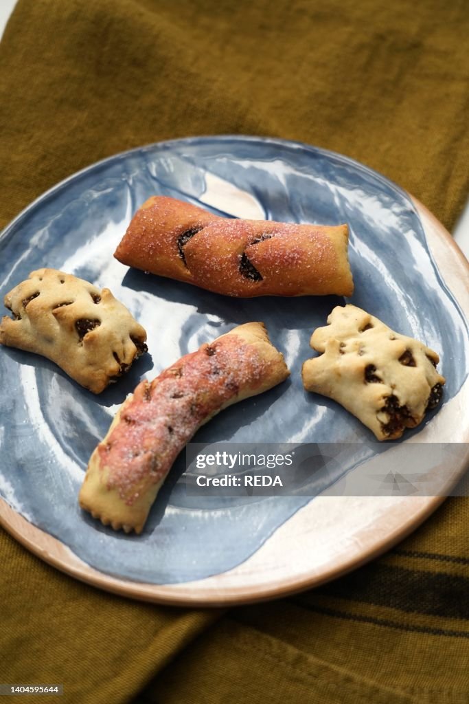 Traditional Italian dessert called Mostaccioli or Mustaccioli, shortcrust pastry and cooked must, typical of the south and central area of Italy, Europe