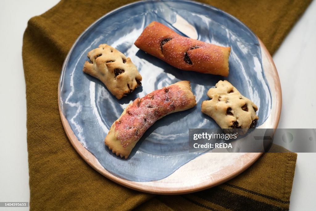 Traditional Italian dessert called Mostaccioli or Mustaccioli, shortcrust pastry and cooked must, typical of the south and central area of Italy, Europe