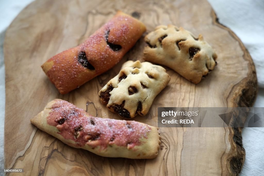 Traditional Italian dessert called Mostaccioli or Mustaccioli, shortcrust pastry and cooked must, typical of the south and central area of Italy, Europe