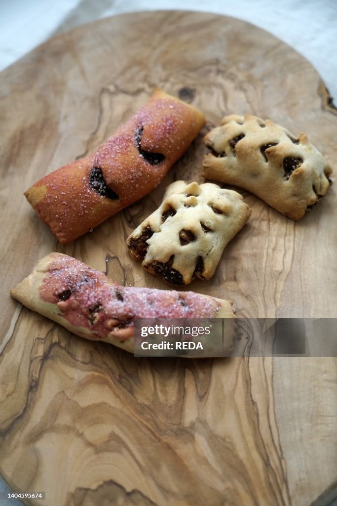 Traditional Italian dessert called Mostaccioli or Mustaccioli, shortcrust pastry and cooked must, typical of the south and central area of Italy, Europe