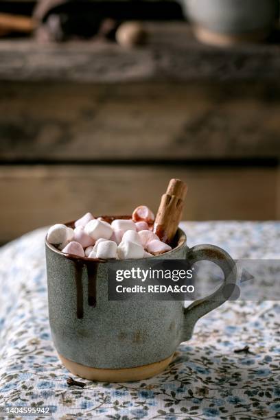 Cup of hot spicy homemade chocolate winter drink with marshmallow and cinnamon stick on rustic linen tablecloth. Country kitchen table. Warm cozy...