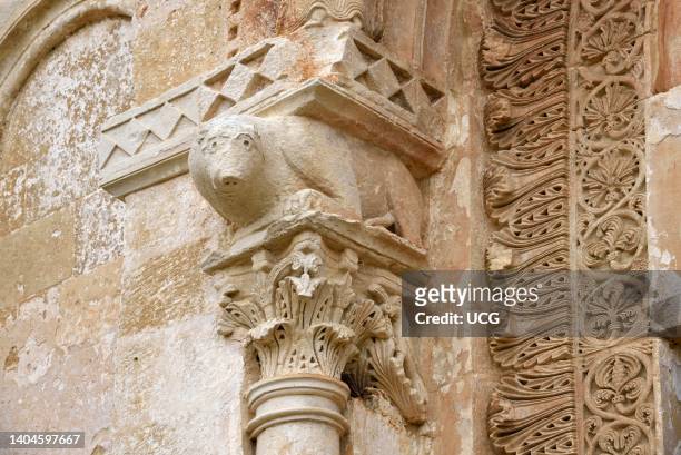 Lecce, township of Casalabate abbey of Santa Maria di Cerrate, the church, details of the entrance portal intrados.