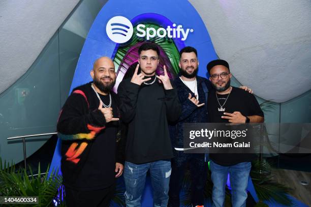 Chris Andrew, Los Legendarios, and La Base attend Premios Tu Musica Urbano at Casa Spotify at Perla at La Concha Resort on June 22, 2022 in San Juan,...