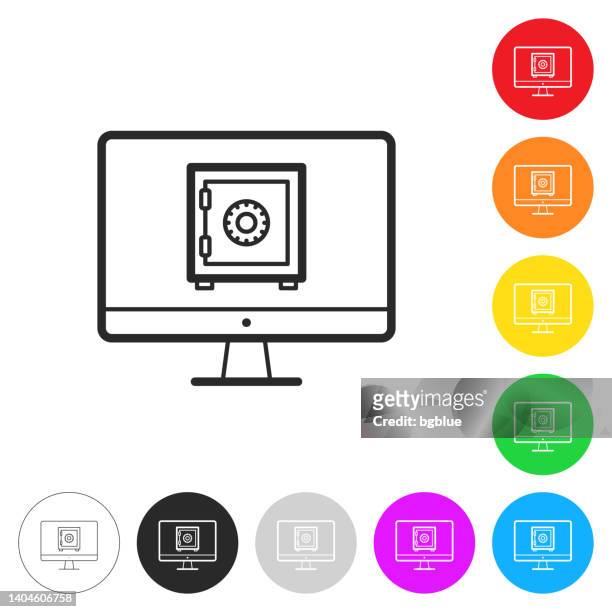 desktop-computer mit safe. symbol auf bunten schaltflächen - safety deposit box stock-grafiken, -clipart, -cartoons und -symbole
