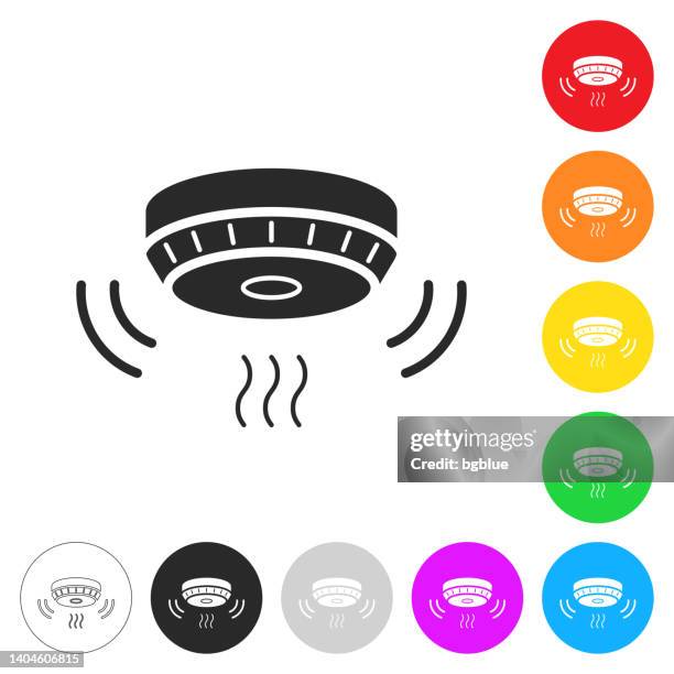 ilustraciones, imágenes clip art, dibujos animados e iconos de stock de alarma de humo. icono en botones coloridos - smoke-detector-with-smoke
