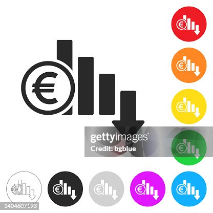 Euro rate decrease. Icon on colorful buttons Euro rate decrease. Icon on colorful buttons