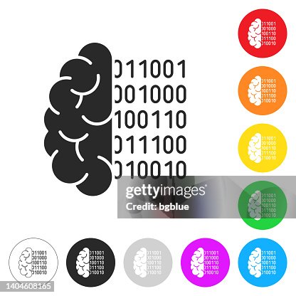 Brain with binary code. Icon on colorful buttons Brain with binary code. Icon on colorful buttons