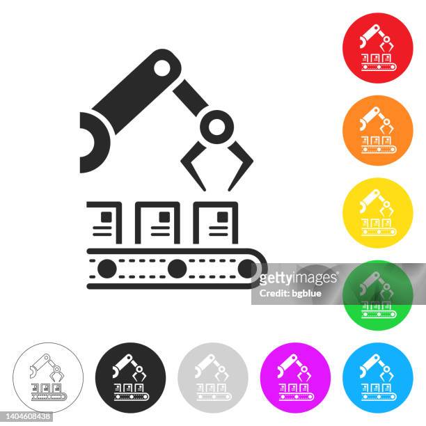 stockillustraties, clipart, cartoons en iconen met robotic arm on production line. icon on colorful buttons - robotic arm factory