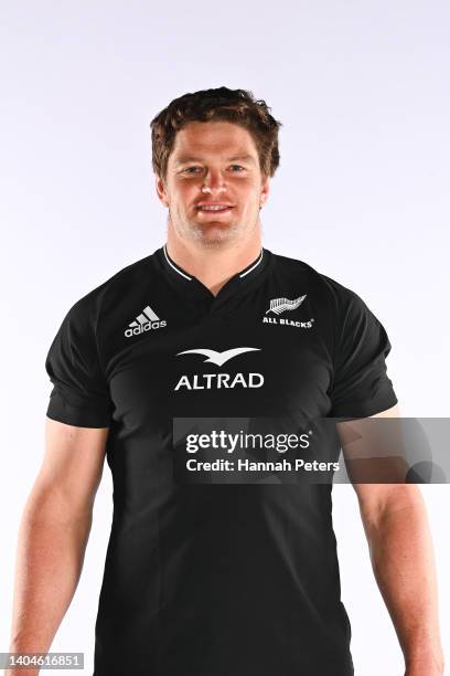 Scott Barrett poses during the New Zealand All Blacks 2022 headshots session at the Park Hyatt Hotel on June 21, 2022 in Auckland, New Zealand.