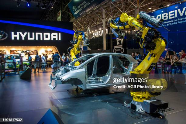 Machine assembly line in the Hyundai stand, 27th International Motor Show, Anhembi, Sao Paulo, Brazil.