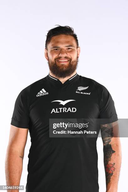 Angus Ta'avao poses during the New Zealand All Blacks 2022 headshots session at the Park Hyatt Hotel on June 21, 2022 in Auckland, New Zealand.