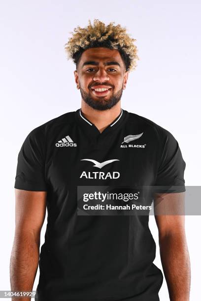 Hoskins Sotutu poses during the New Zealand All Blacks 2022 headshots session at the Park Hyatt Hotel on June 21, 2022 in Auckland, New Zealand.