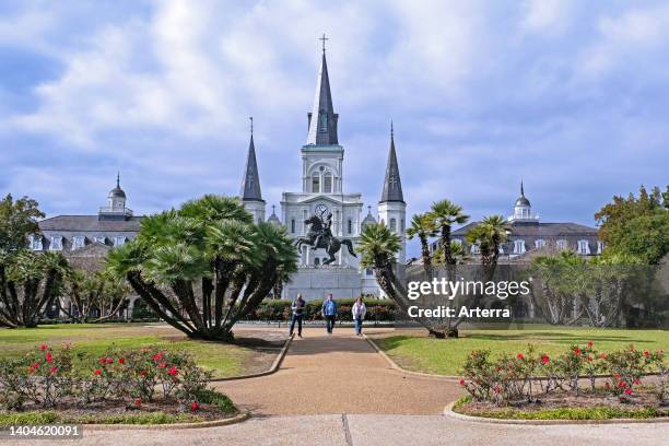 Jackson equestrian statue and St. Louis Cathedral on Jackson Square, French Quarter/Vieux Carré in city New Orleans, Louisiana, United States/USA.