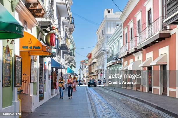 Shops and cafés in Old San Juan/Viejo San Juan, historic colonial district in the capital city San Juan, Puerto Rico, Greater Antilles, Caribbean.