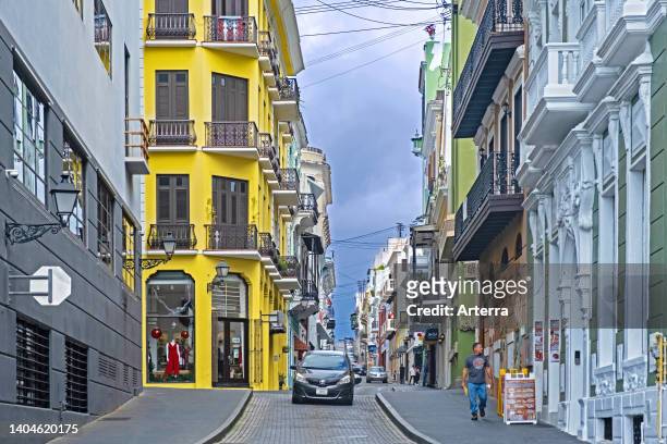 Shops and cafés in Old San Juan/Viejo San Juan, historic colonial district in the capital city San Juan, Puerto Rico, Greater Antilles, Caribbean.