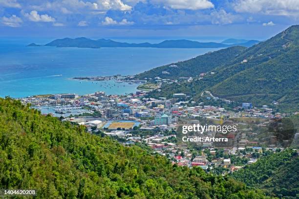View over the capital city Road Town and horseshoe-shaped Road Harbour on the island Tortola, British Virgin Islands, Lesser Antilles, Caribbean Sea.