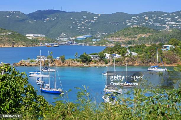 Sailing boats anchored in sheltered Druif Bay at Water Island, south of Saint Thomas in the Charlotte Amalie harbor, American Virgin Islands.