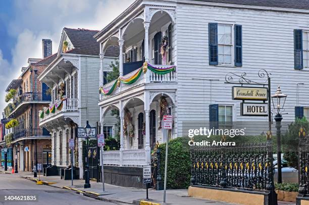 Hotels in colonial style in Royal street, French Quarter/Vieux Carré, oldest neighborhood in the city New Orleans, Louisiana, United States/USA.