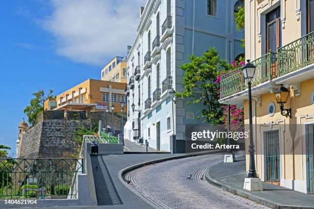 Colourful Spanish houses in Old San Juan/Viejo San Juan, historic colonial district in the capital city of Puerto Rico, Greater Antilles, Caribbean.