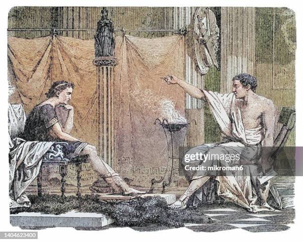 old engraved illustration of aristotle (greek philosopher and polymath) teaches alexander the great - aristotle plato stock pictures, royalty-free photos & images