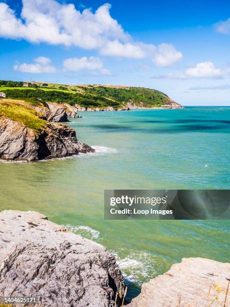 The view from the coastal path looking towards Aberporth on the Welsh coast in Ceredigion.