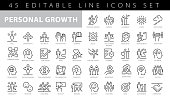 Personal Growth - thin line vector icon set. Pixel perfect. Editable stroke. The set contains icons: Leadership, Learning, Career, Skill, Motivation, Moving Up, Winner, Success, Competition, Ladder of Success