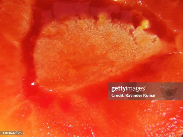 vertical section of tomato depicting somewhat  like abstract kind of painting. solanum lycopersicum. solanaceae family. - glitter fruit stock pictures, royalty-free photos & images