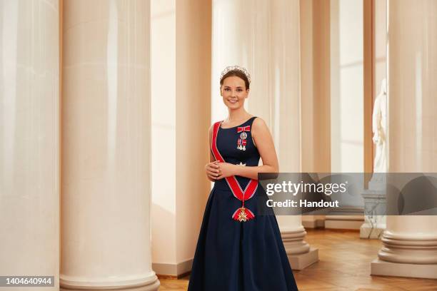In this handout photo provided by the Royal Court, Princess Ingrid Alexandra is seen on the occasion of her 18th birthday at the Royal Court on June...