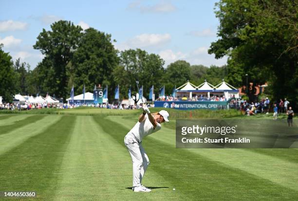 Thomas Pieters of Belgium plays his third shot on the ninth hole during the first round of the BMW International Open at Golfclub Munchen Eichenried...