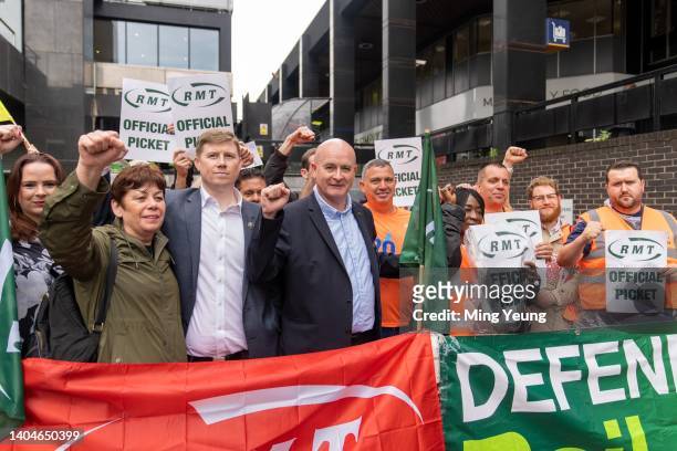 Secretary-General of the National Union of Rail, Maritime and Transport Workers, Mick Lynch joins the picket line outside Euston Station on June 23,...