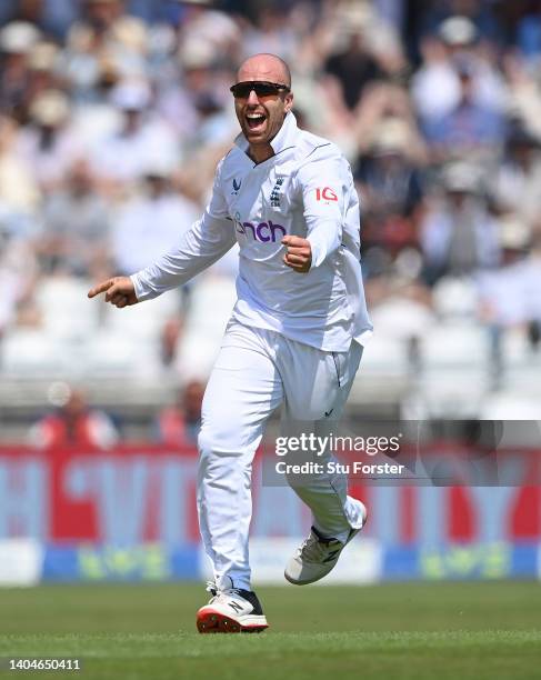 England bowler Jack Leach celebrates after he had taken the wicket of Will Young during day one of the third Test Match between England and New...