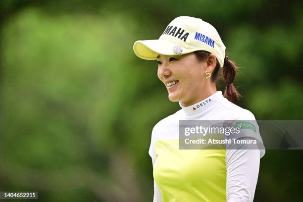 Chie Arimura of Japan smiles during the first round of the Earth Mondamin Cup at Camellia Hills Country Club on June 23, 2022 in Sodegaura, Chiba,...
