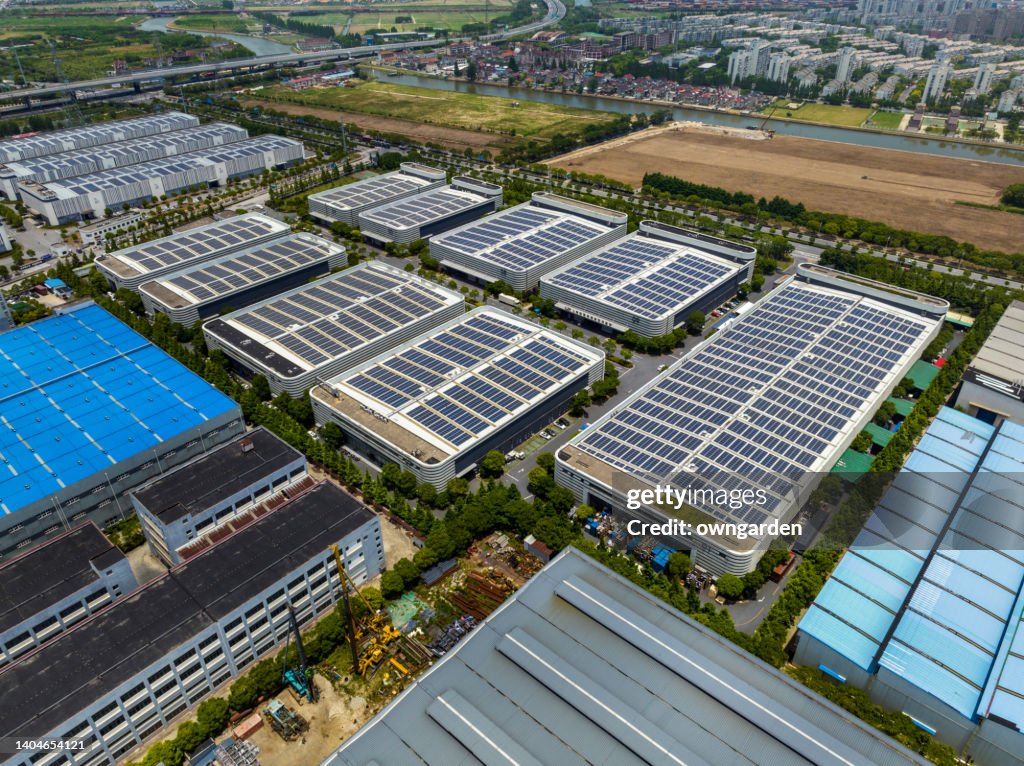 Factory Building Rooftops Aerial View Of Solar Panels Installed On Factory Rooftop High-Res Stock ...