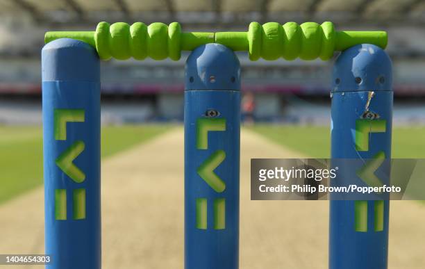 Close up of the stumps and bails before the third Test between England and New Zealand at Headingley on June 23, 2022 in Leeds, England.