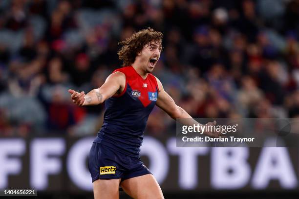 Luke Jackson of the Demons celebrates a goal during the round 15 AFL match between the Melbourne Demons and the Brisbane Lions at Melbourne Cricket...
