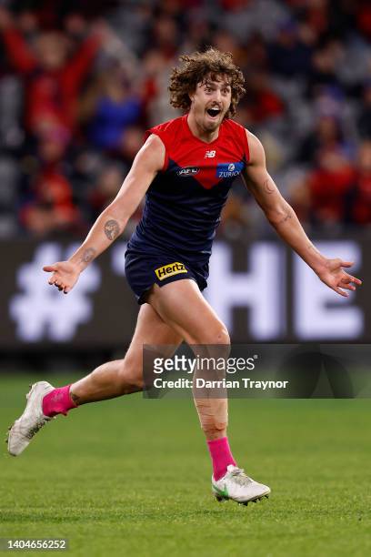 Luke Jackson of the Demons celebrates a goal during the round 15 AFL match between the Melbourne Demons and the Brisbane Lions at Melbourne Cricket...