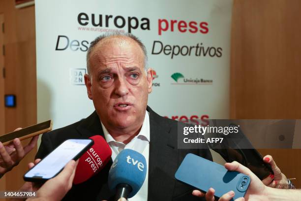 Javier Tebas, President of LaLiga, attends during the Desayunos Deportivos Europa Press with Jose Manuel Franco at Auditorio Meeting Place on June 22...